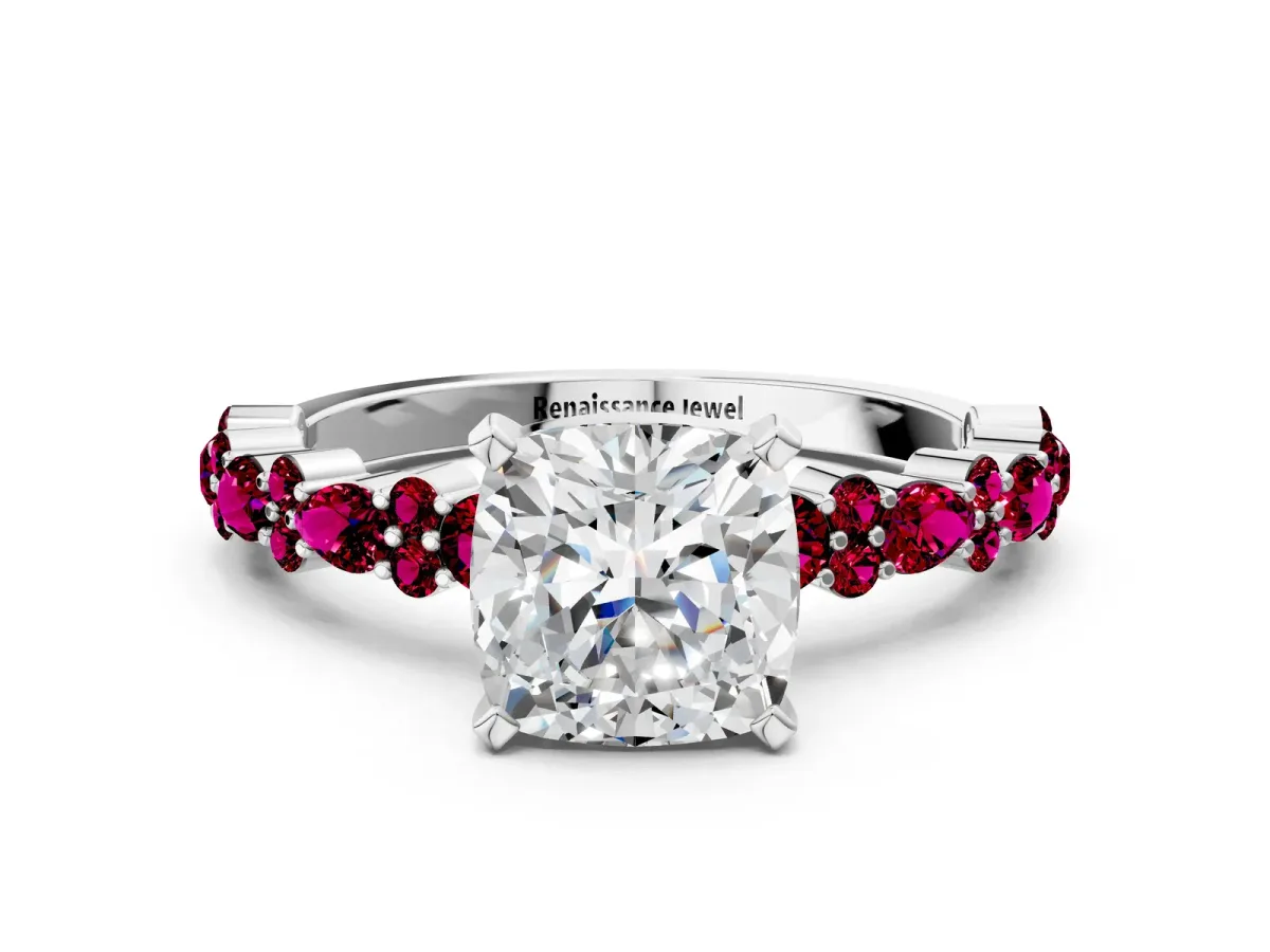 Cushion Cut Diamond Side Stone Solitaire Ring with Round Garnet and Four-Prong Setting Silver