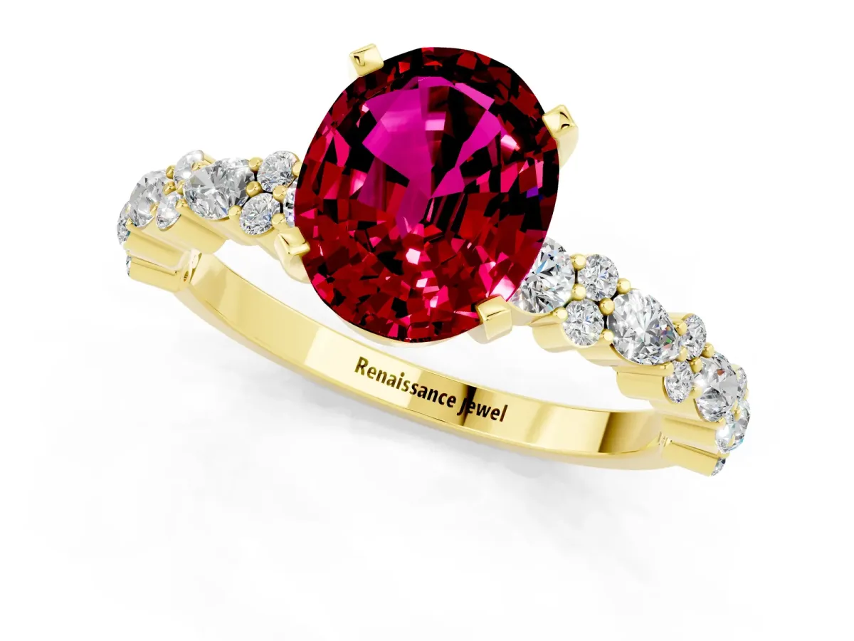 Oval Cut Garnet Side Stone Solitaire Ring with Round and Four-Prong Setting Yellow gold