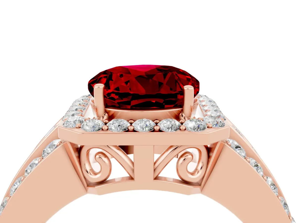 Round Cut Halo Ruby Ring with Round Split Shank and Prong Setting Rose gold