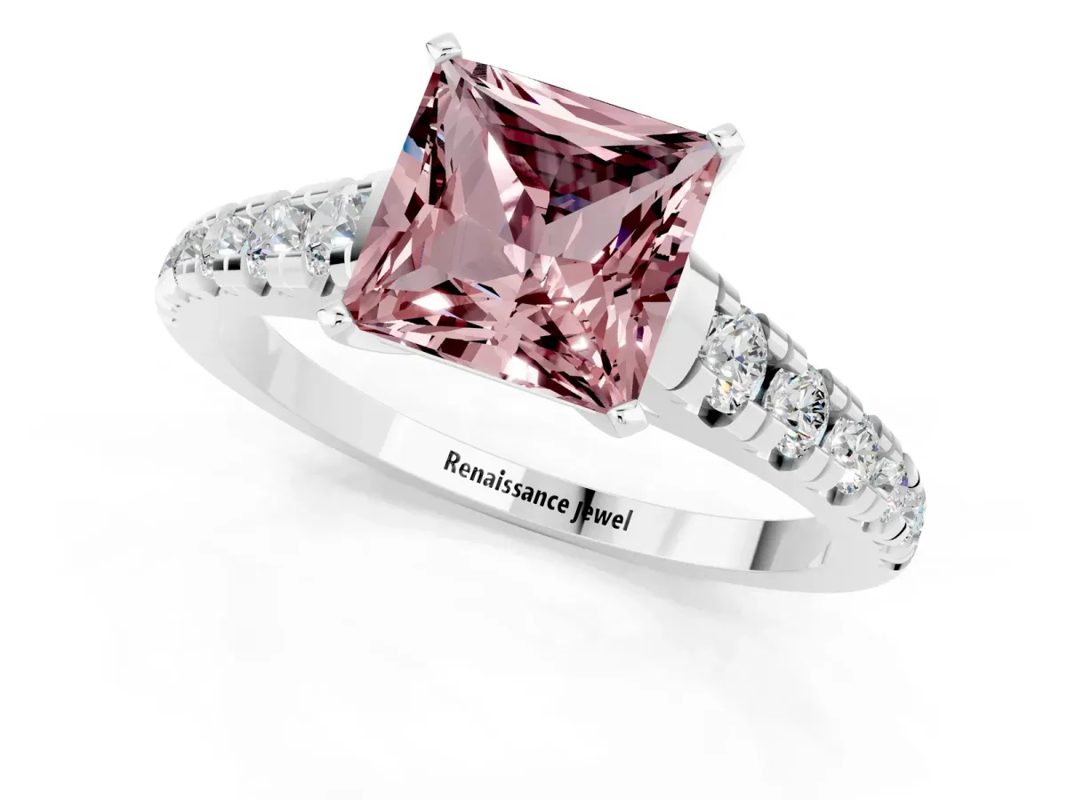 Princess Cut Morganite Cathedral Solitaire Ring with Round Pavé Band Silver