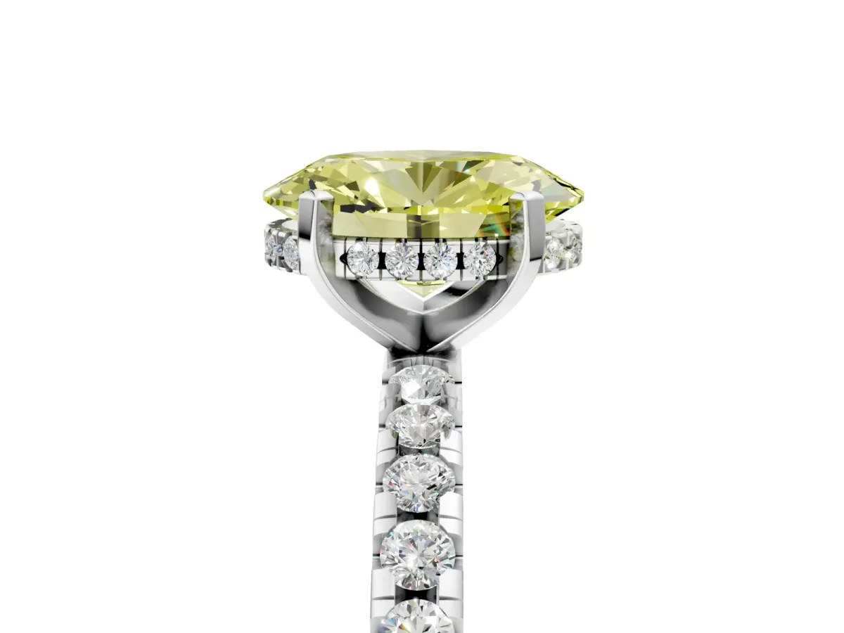 Fancy Yellow Oval Cut Diamond Solitaire Ring with Round Pavé Band and Four-Prong Setting Silver