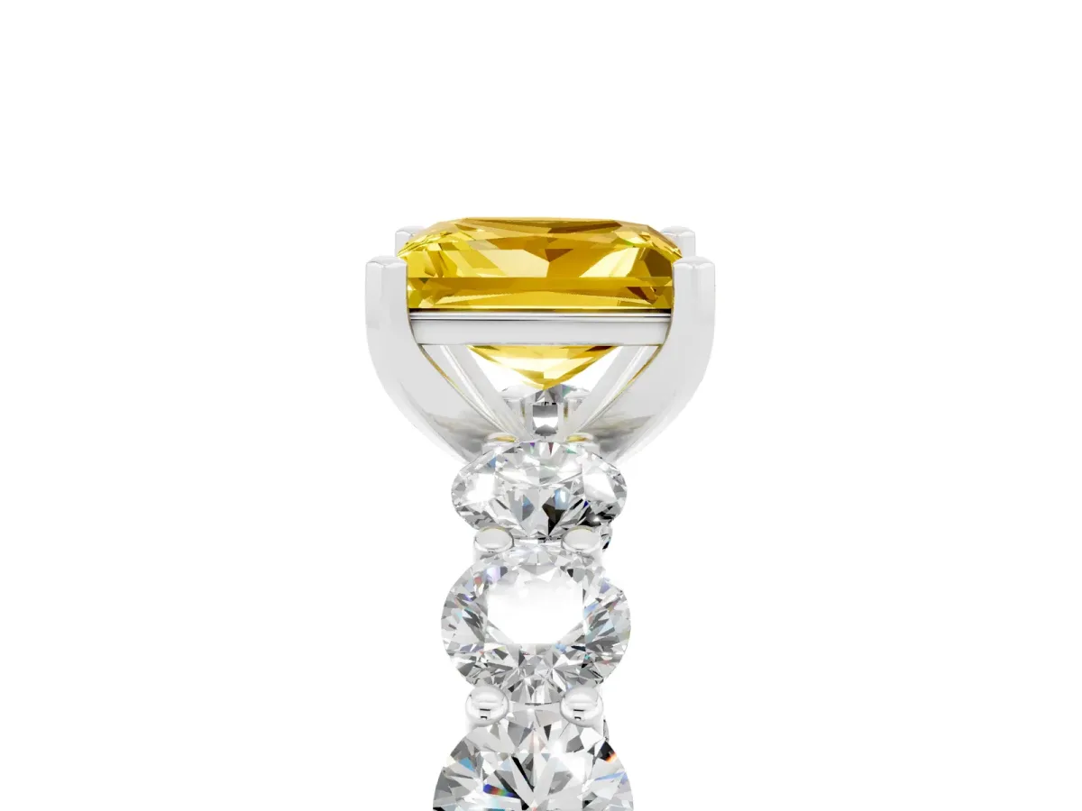 Princess Cut Yellow Sapphire Prong Setting with Side Stones on a Pave Band Silver