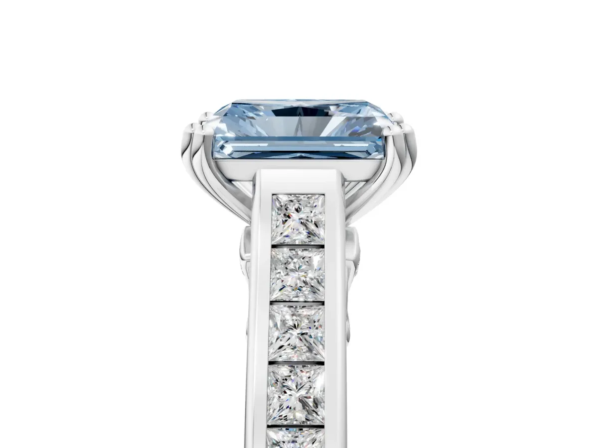 Fancy Blue Radiant Cut Cut Channel Set Solitaire Engagement Ring with Prong Setting Platinum