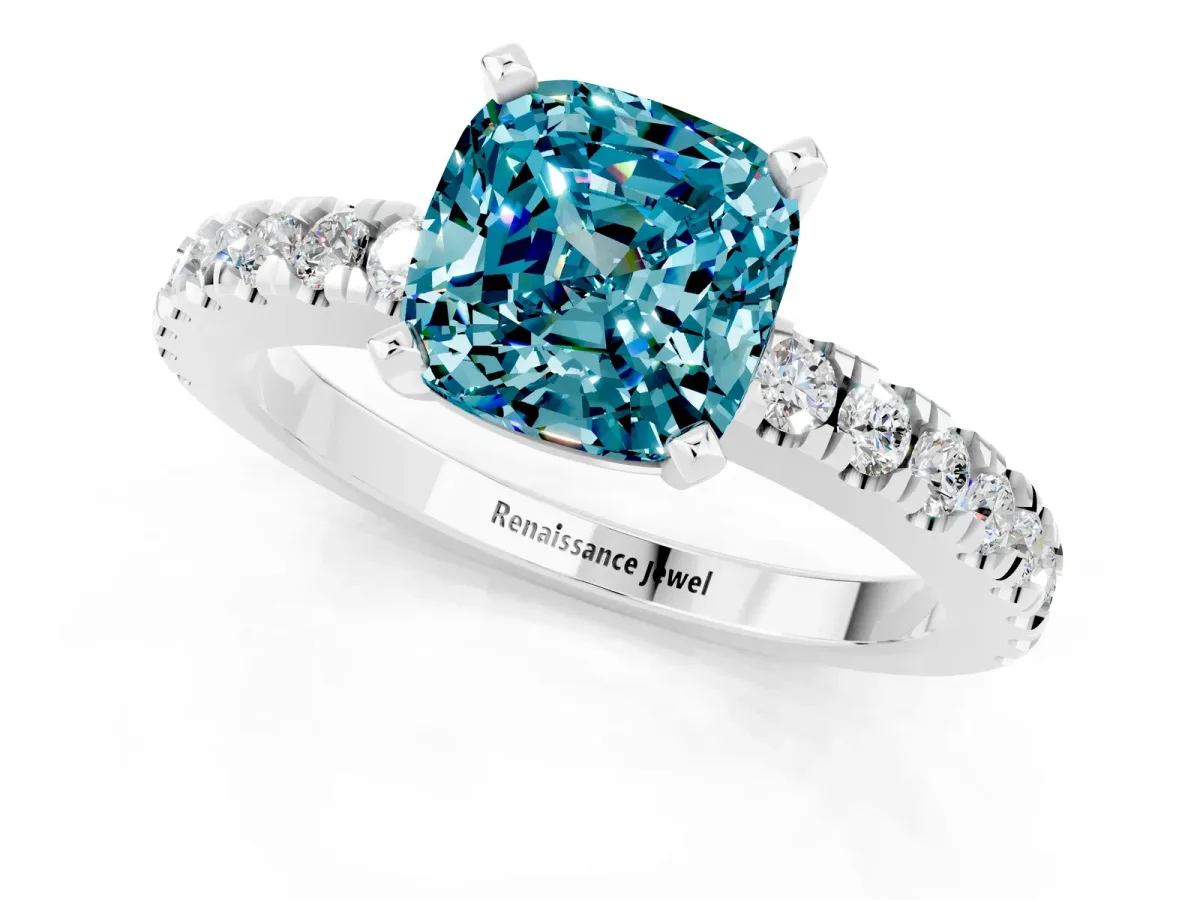 Cushion Cut Solitaire Blue Topaz with Pavé Band and Four-Prong Setting Silver