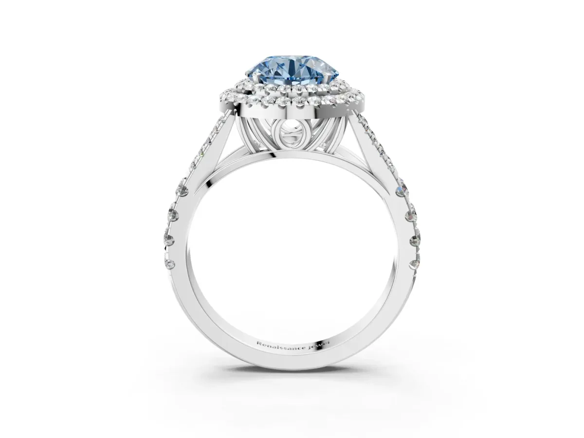 Fancy Blue Double Halo Round Cut Diamond Split Shank Engagement Ring with Four-Prong Setting White gold