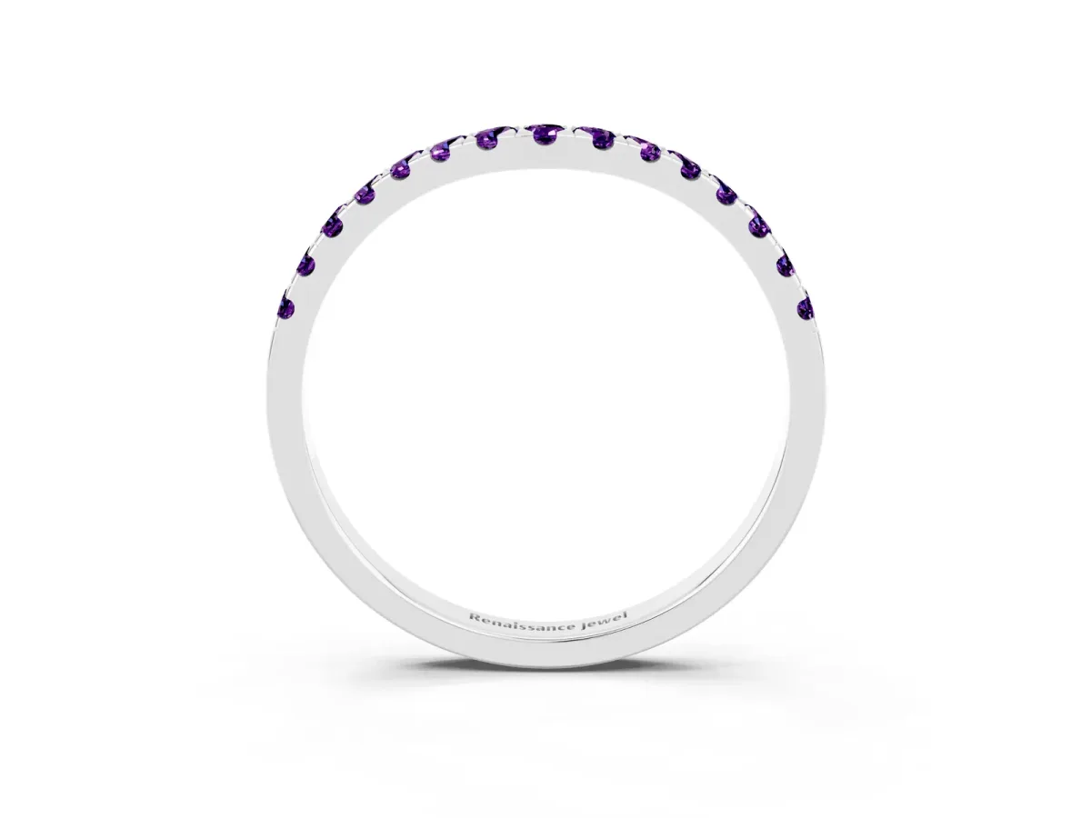 Curved Pavé Round Amethyst Wedding Band with Shared Prong Setting Platinum