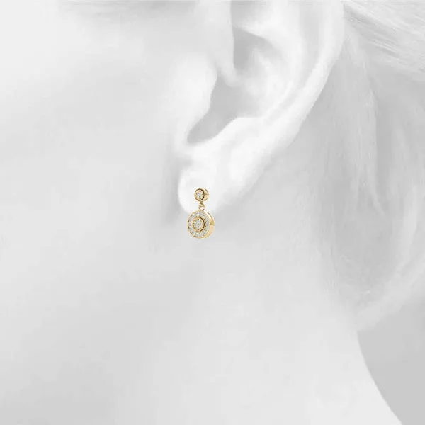 Round Halo Diamond Drop Earrings with Milgrain Bezel Setting Yellow gold