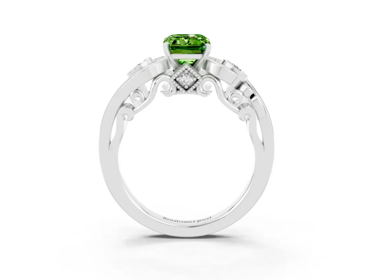 Emerald Cut Peridot Solitaire Ring with Milgrain Pavé Band and Four-Prong Setting Silver