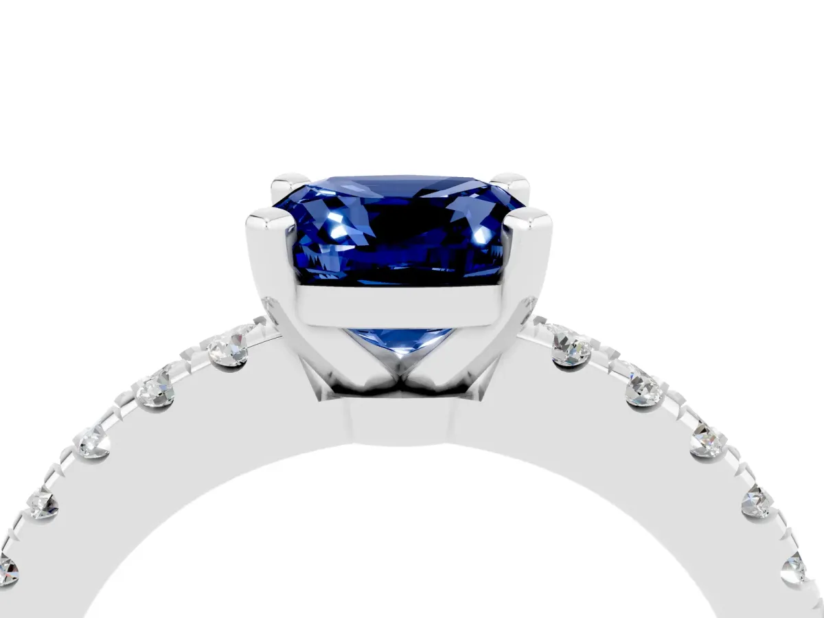 Cushion Cut Solitaire Blue Sapphire with Pavé Band and Four-Prong Setting Silver