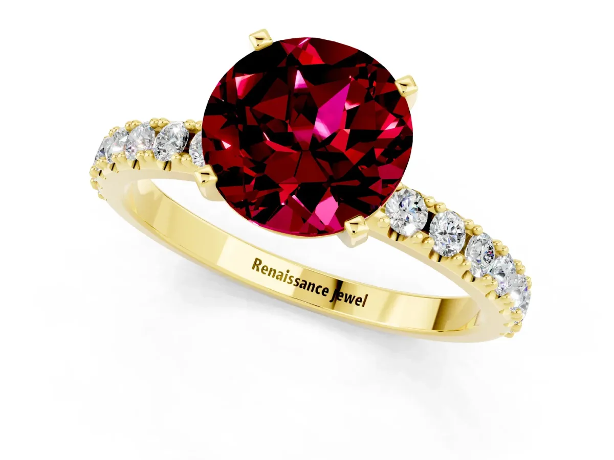 Round Cut Garnet Solitaire Pavé Band with Four-Prong Setting Yellow gold