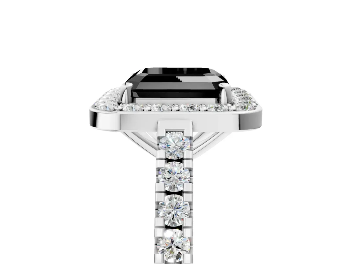 Fancy Black Asscher Cut Diamond Halo Ring with Round Pavé Split Shank and Prong Setting Platinum