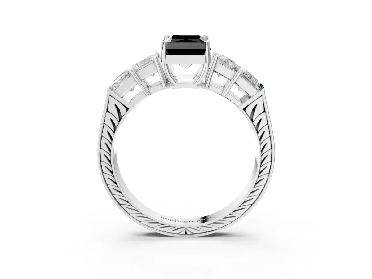 Fancy Black Radiant Cut Solitaire Princess Side Stone Engraved Band Prong Setting Ring Platinum