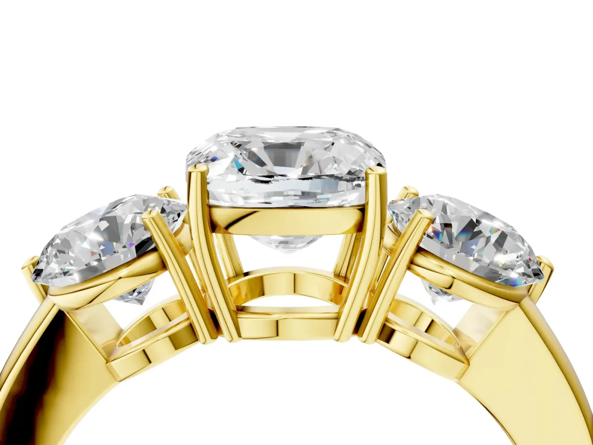 Cushion Cut Diamond Three-Stone Ring with Prong Setting and Classic Band Yellow gold