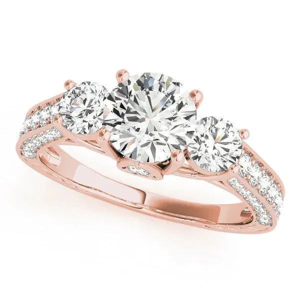 Three-Stone Round Cut Cut Diamond Engagement Ring with Split Shank and Prong Setting Rose gold