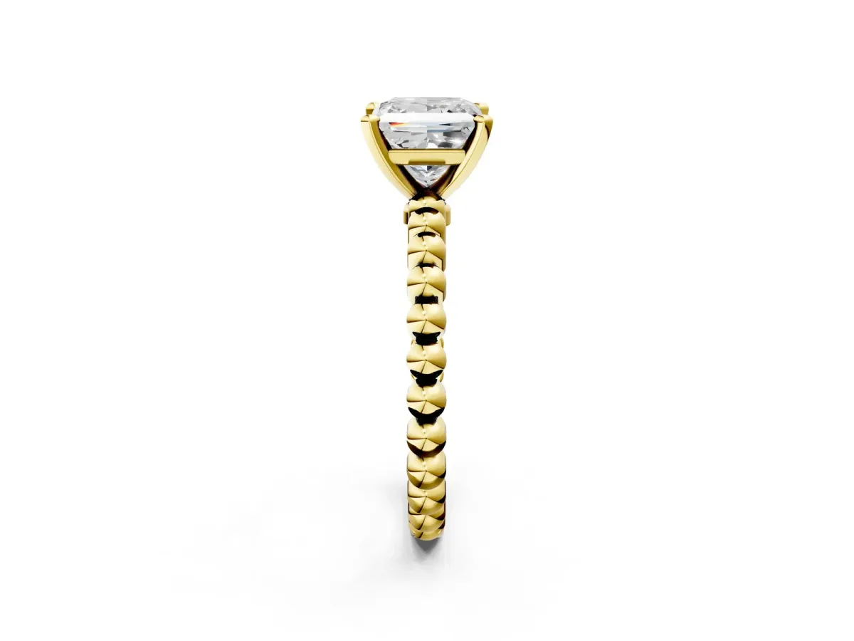 Princess Cut Diamond Solitaire Ring with Beaded Band and Prong Setting Yellow gold