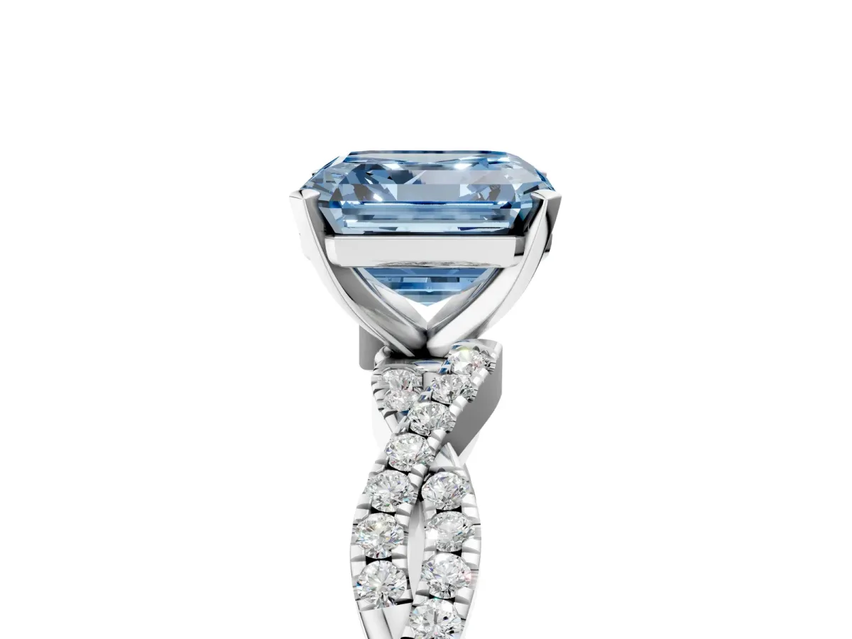 Fancy Blue Asscher Cut Solitaire Twisted Pave Band with Four-Prong Setting Platinum