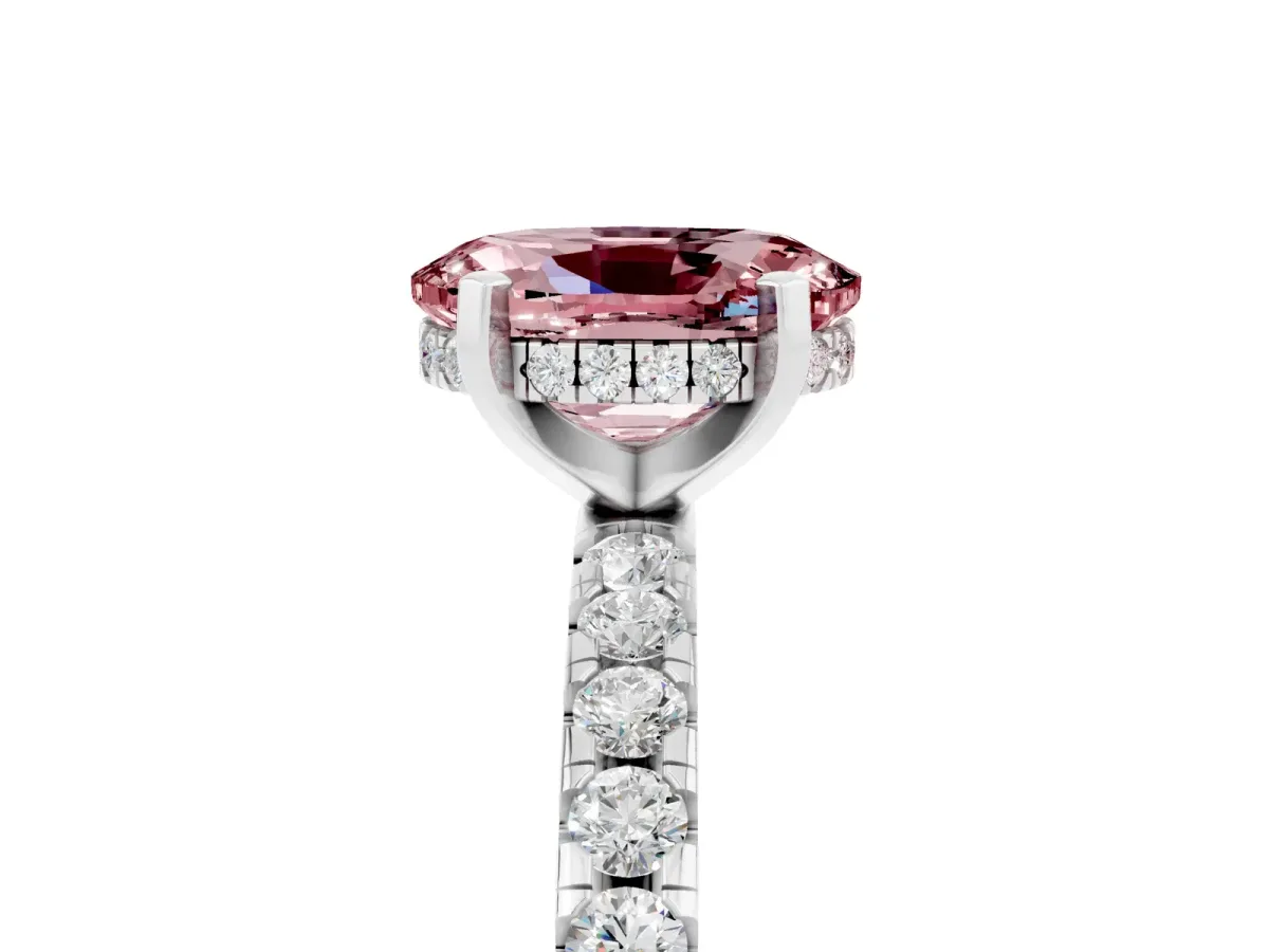 Oval Cut Morganite Solitaire Ring with Round Pavé Band and Four-Prong Setting Silver