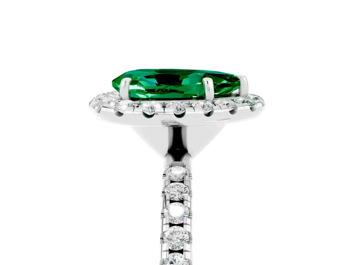 Pear Cut Emerald Halo Ring with Round Pavé Band and Prong Setting Platinum