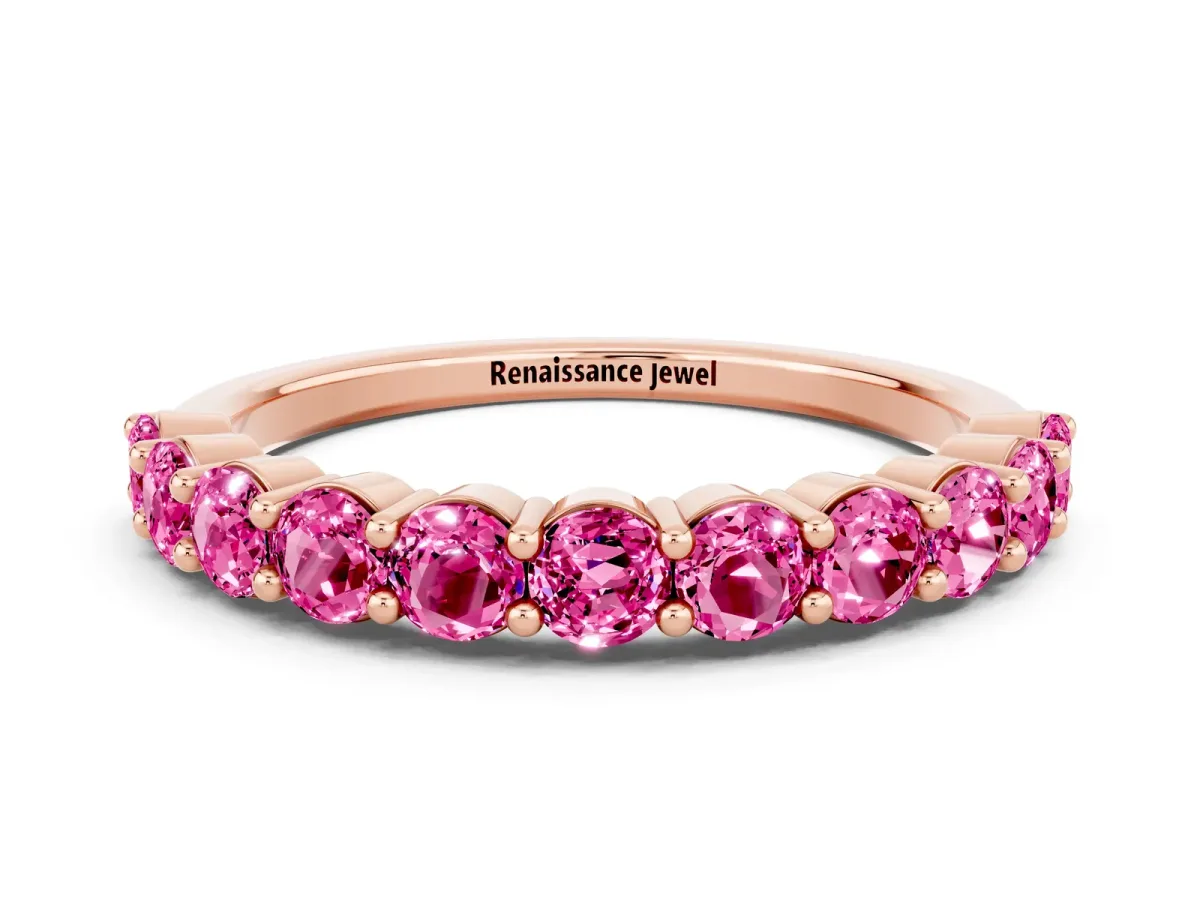 Round Pink Sapphire Half Eternity Band with Prong Setting Rose gold