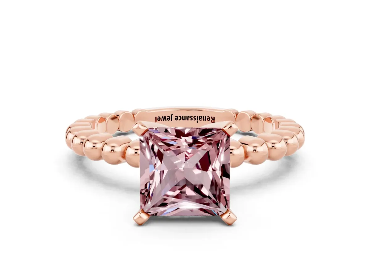 Princess Cut Morganite Solitaire Ring with Beaded Band and Prong Setting Rose gold