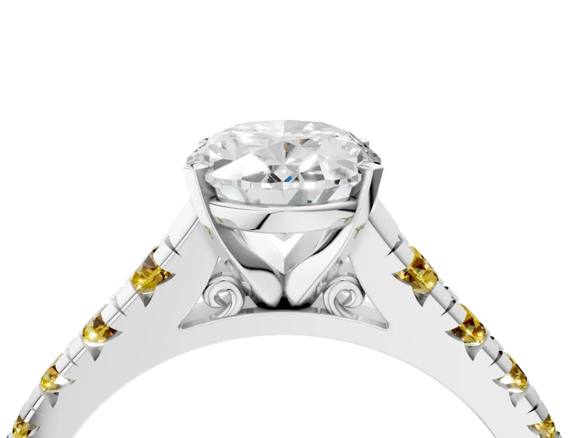 Oval Cut Diamond Cathedral Solitaire Ring with Round Yellow Sapphire Pavé Band Silver