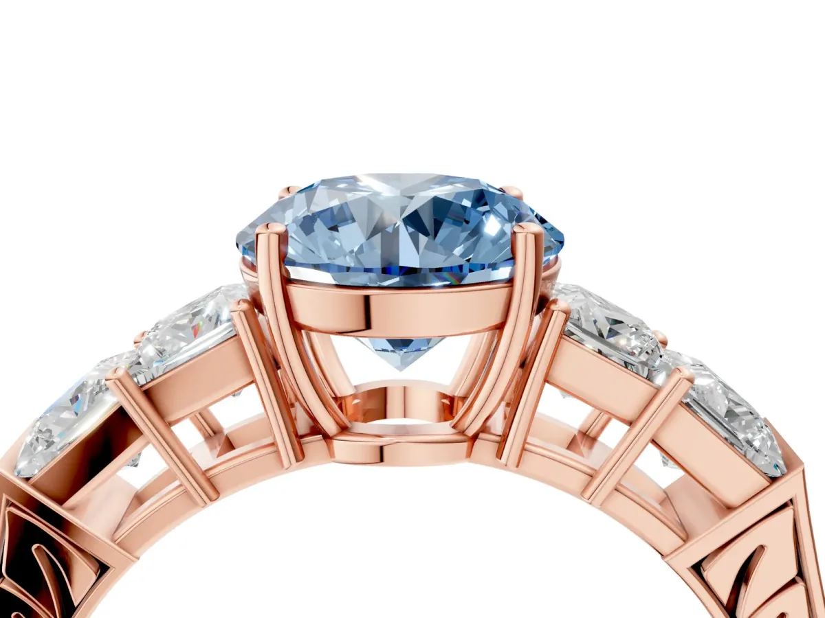 Fancy Blue Round Cut Solitaire Princess Side Stone Engraved Band Prong Setting Ring Rose gold