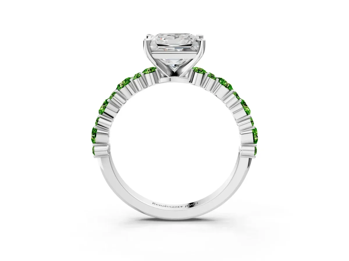 Princess Cut Diamond Side Stone Solitaire Ring with Round Peridot and Four-Prong Setting White gold