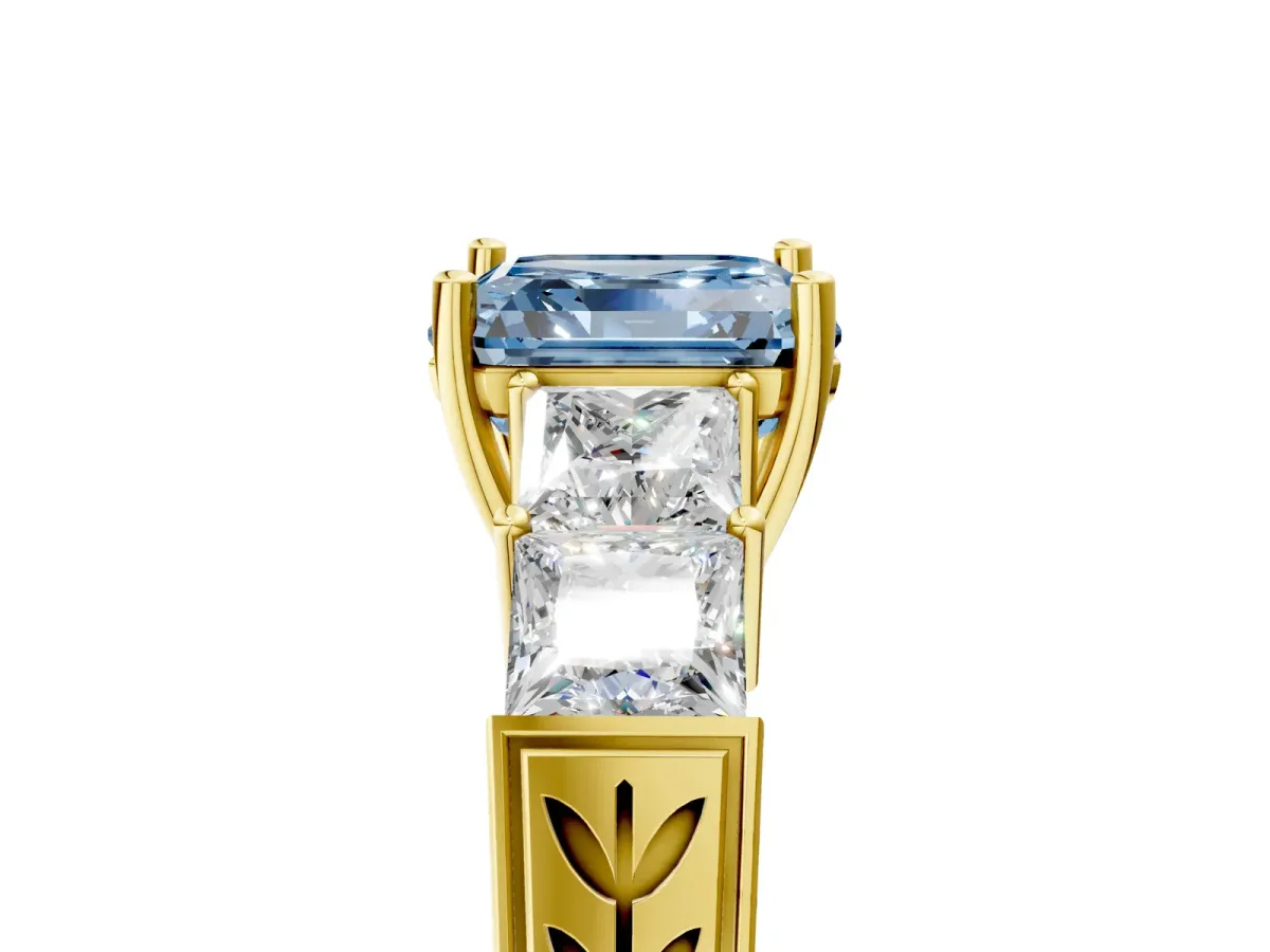 Fancy Blue Asscher Cut Solitaire Princess Side Stone Engraved Band Prong Setting Ring Yellow gold