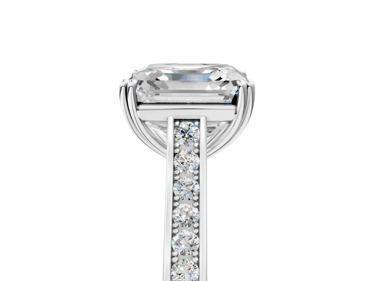 Asscher Cut Diamond Solitaire with Pave Band and Six-Prong Setting Platinum