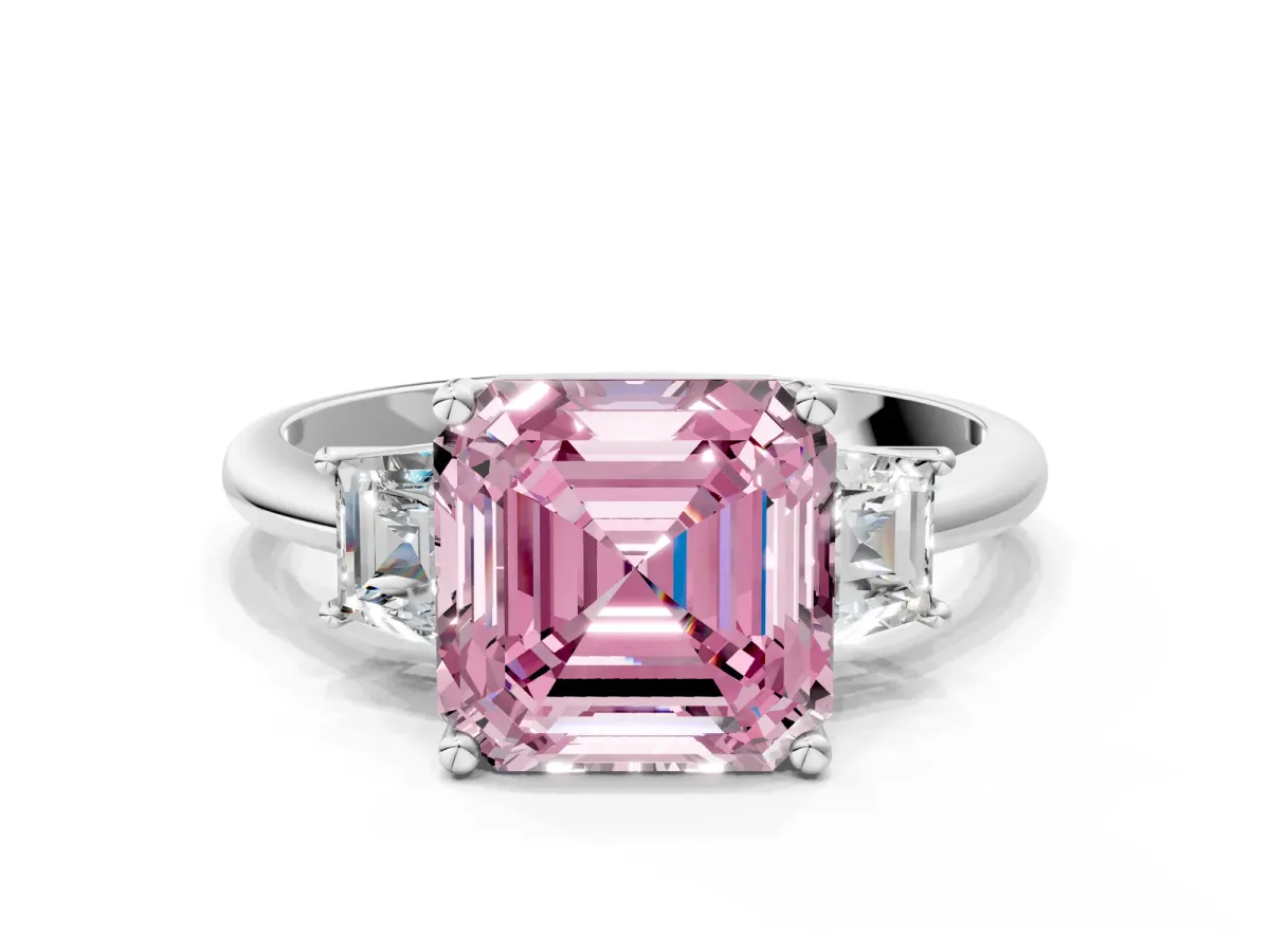 Fancy Pink Asscher Cut Diamond Three-Stone Ring with Trapezoid Side Stones and Prong Setting Silver