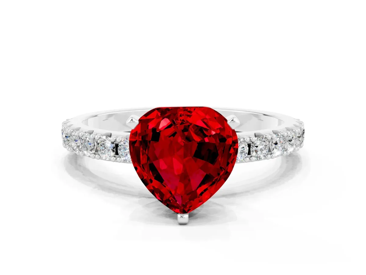 Heart Cut Ruby Solitaire Pavé Band with Four-Prong Setting White gold