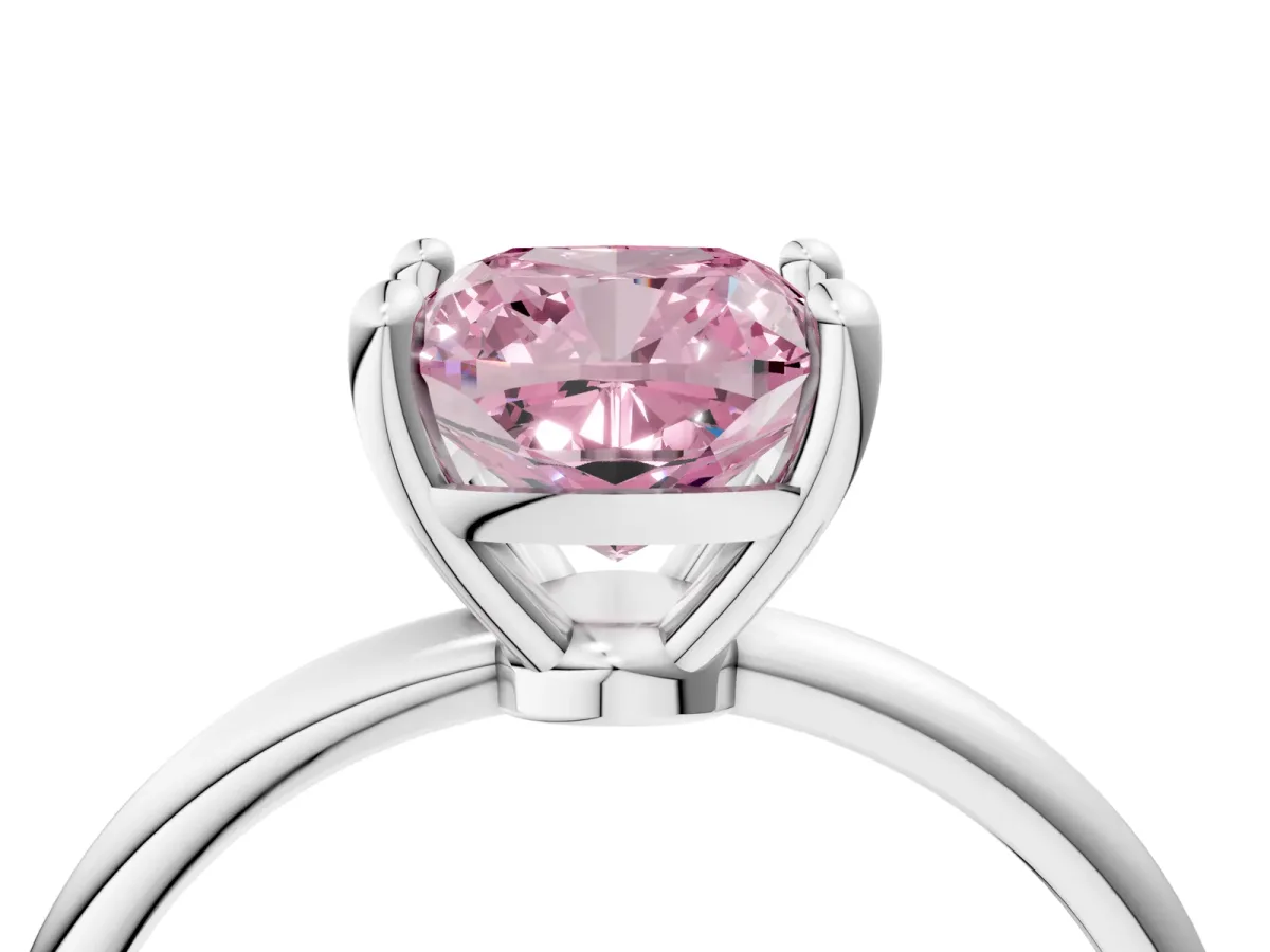Fancy Pink Cushion Cut Solitaire Diamond Ring with 4-Prong Setting on a Classic Band Silver