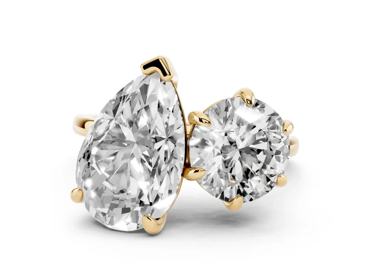 Round and Pear Toi Moi Ring with Prong Setting and Plain Band Yellow gold