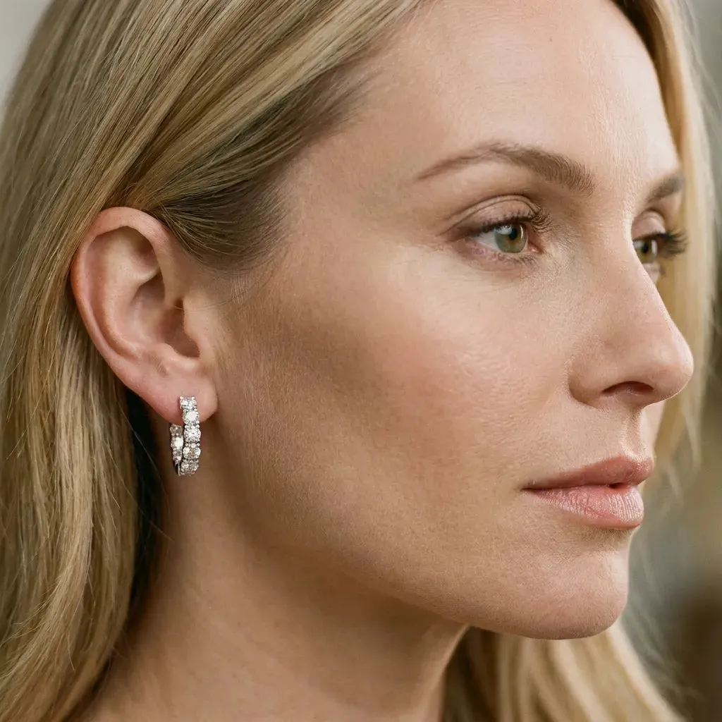 Round Diamond Channel Set Hoop Earrings with Four-Prong Setting Silver