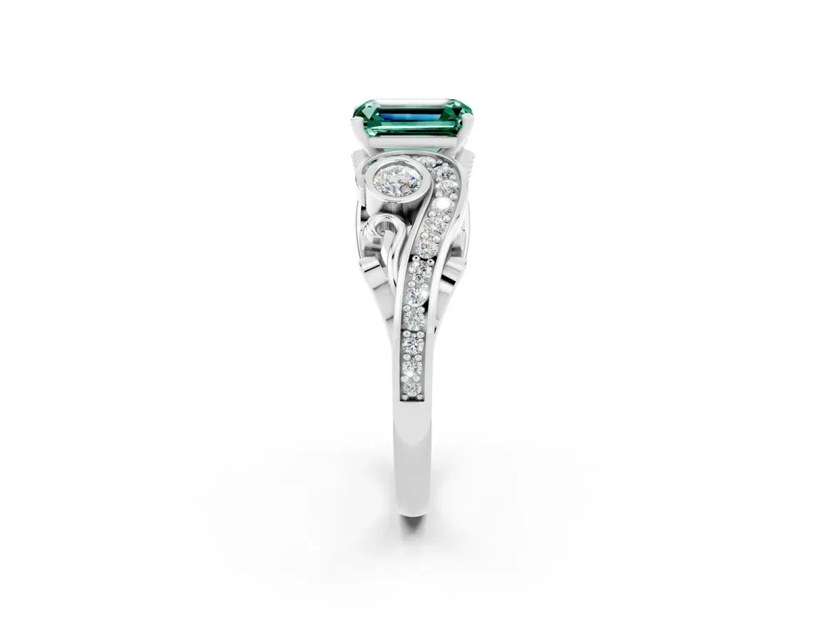Emerald Cut Green Sapphire Solitaire Ring with Milgrain Pavé Band and Four-Prong Setting Silver