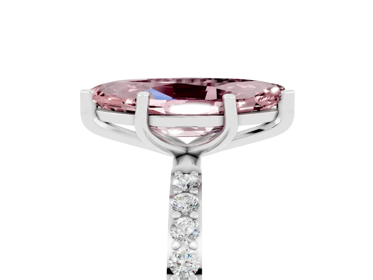 Marquise Cut Morganite Solitaire Ring with Round Pavé Band and Prong Setting Silver