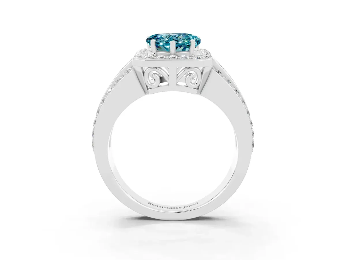 Heart Cut Halo Blue Topaz Ring with Round Split Shank and Prong Setting Platinum