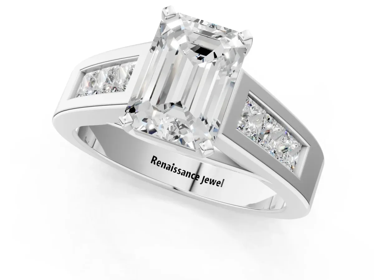 Emerald Cut Cut Channel Set Solitaire Ring with Four-Prong Setting Platinum
