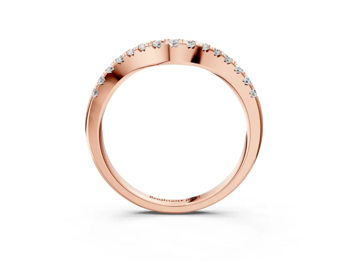 Curved Round Diamond Wedding Band with Pavé Setting and Shared Prong Rose gold