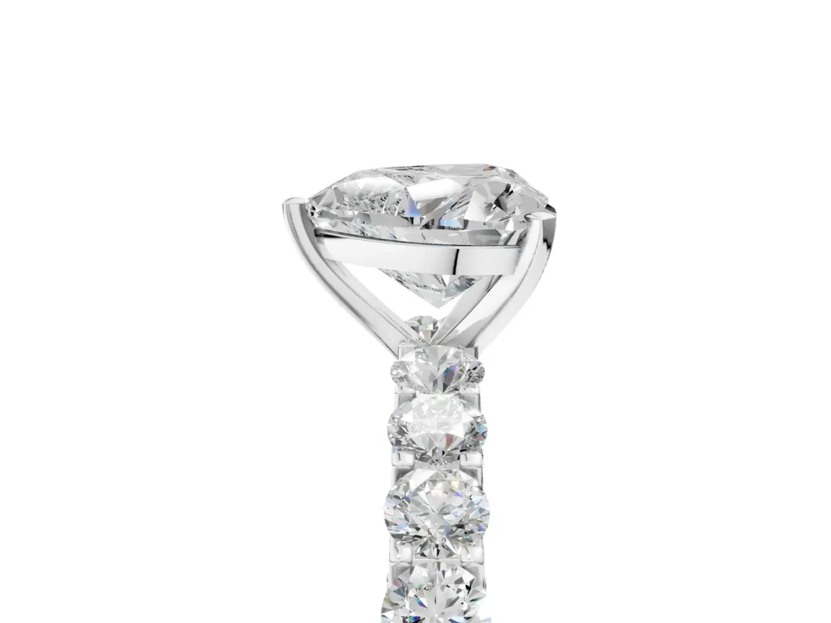 Heart Cut Diamond Solitaire Ring with Shared Prong Pavé Band and Four-Prong Setting Silver