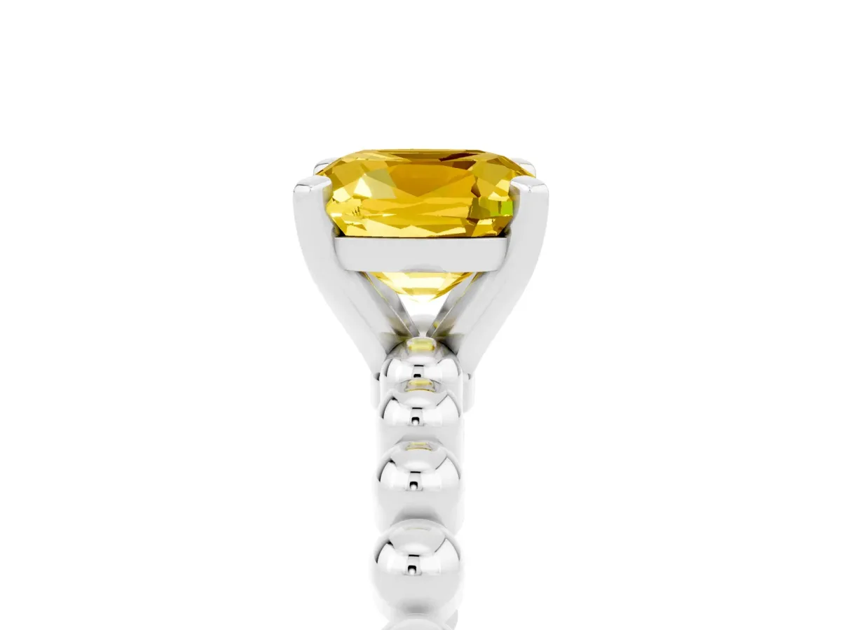 Cushion Cut Yellow Sapphire Solitaire Ring with Beaded Band and Prong Setting Silver