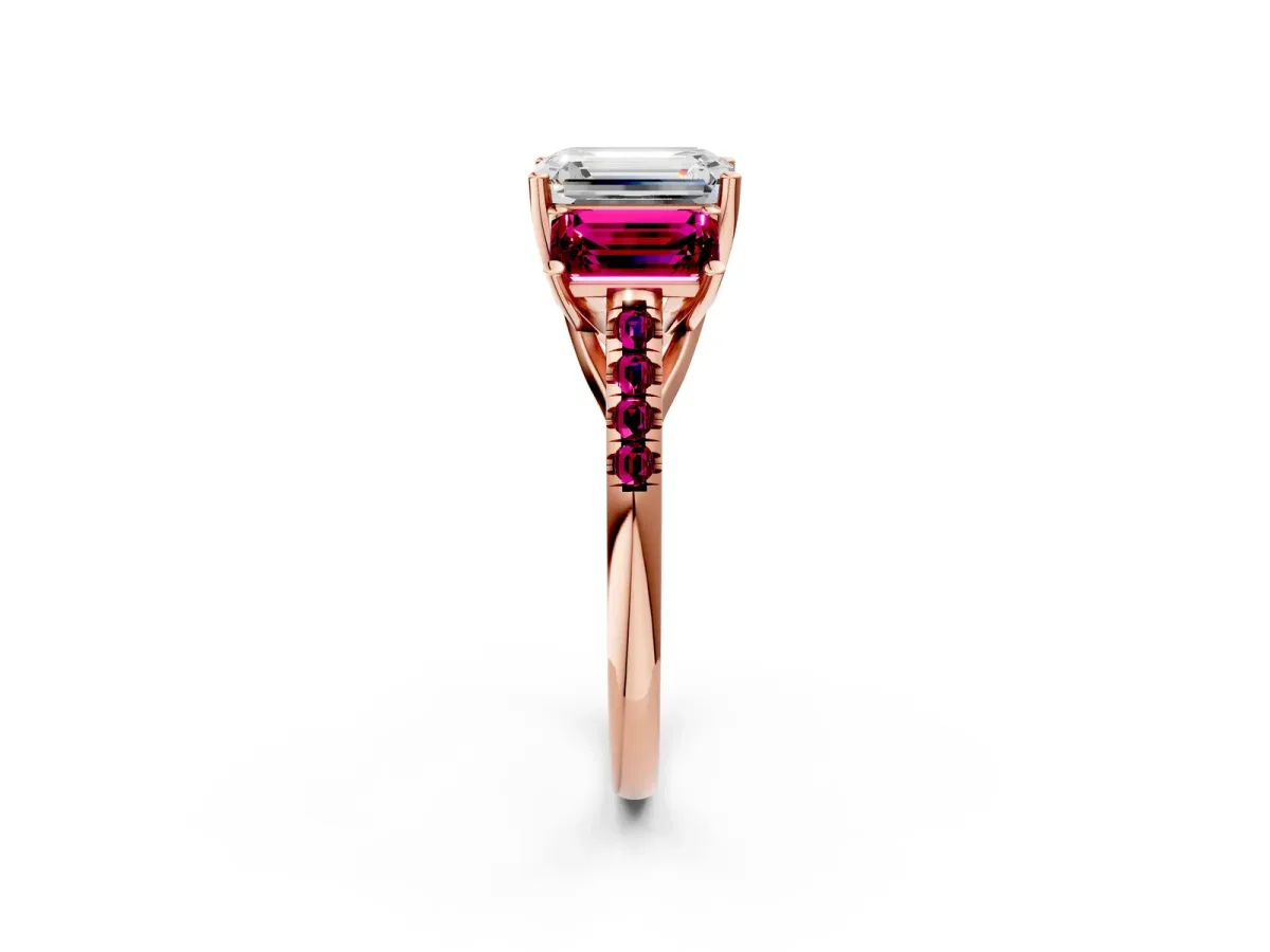 Three-Stone Emerald Cut Diamond Ring with Round Garnet Pavé Band and Prong Setting Rose gold