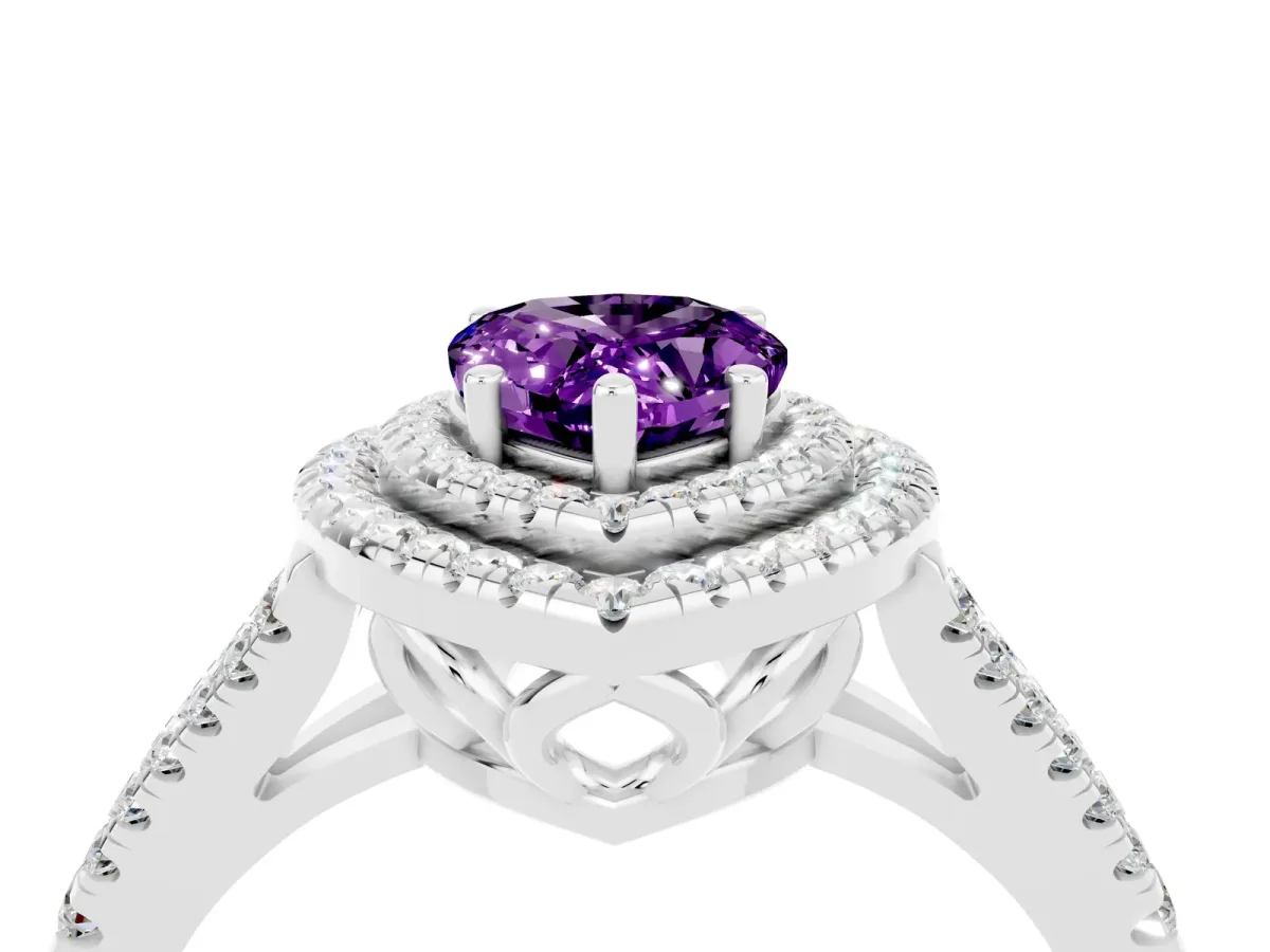 Pear Cut Amethyst Double Halo Ring with Pavé Band and Prong Setting Silver