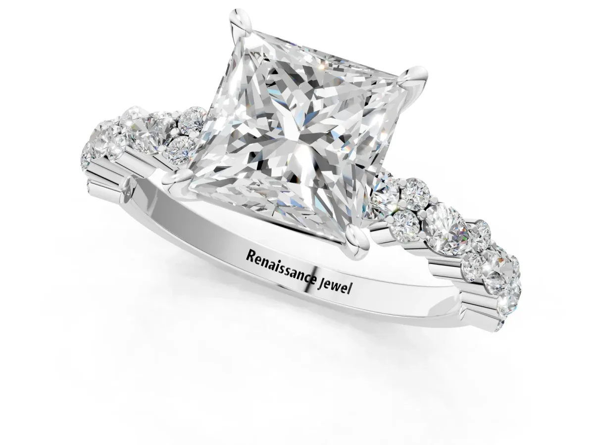 Princess Cut Diamond Side Stone Solitaire Ring with Round Moissanite and Four-Prong Setting Silver