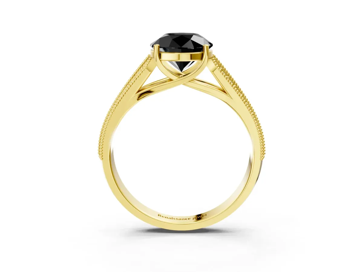 Fancy Black Round Cut Cut Pave Split Shank Engagement Ring with Four-Prong Setting Yellow gold