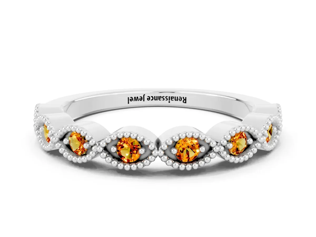 Milgrain Marquise Citrine Half Eternity Band with Bezel Setting Platinum