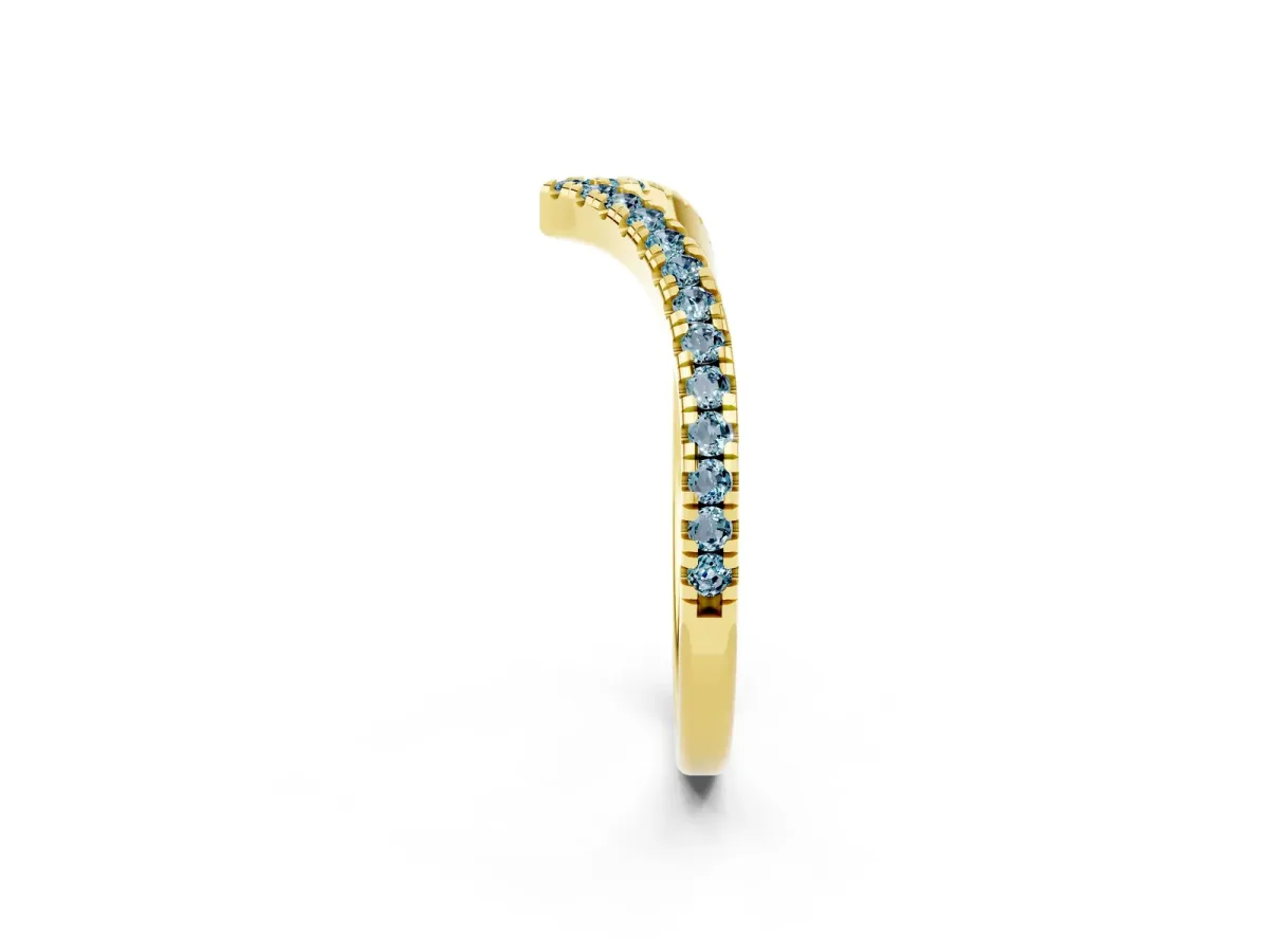 Pavé Round Aquamarine V-Shaped Chevron Band with Shared Prong Setting Yellow gold