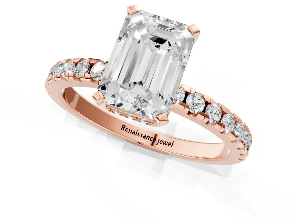 Emerald Cut Diamond Solitaire Ring with Round Pavé Band and Four-Prong Setting Rose gold