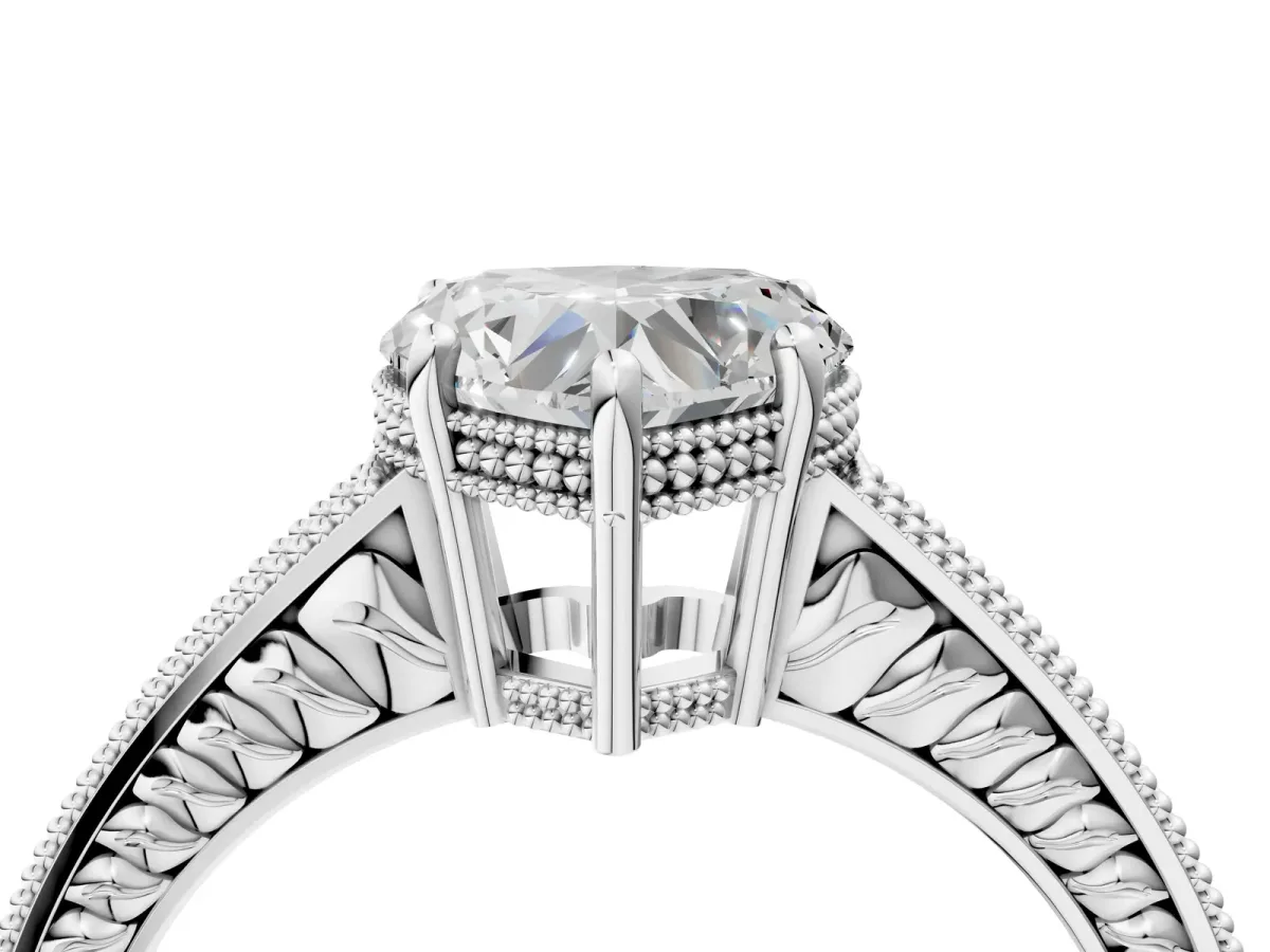 Heart Cut Diamond Ring with Milgrain Pavé Band and Four-Prong Setting Platinum