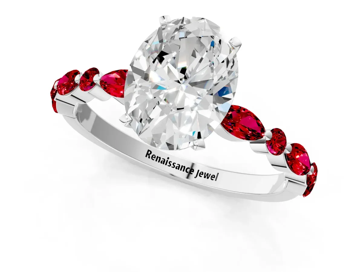 Oval Cut Diamond Ring with Marquise and Round Ruby Side Stones and Four-Prong Setting White gold